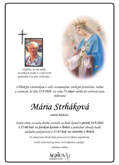 Smútočné oznámenie: Mária Strháková (rod. Blahová) zomrela 15.9.2026, omša 18.9.2026 v Beluši